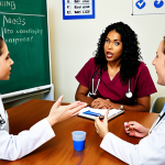 **

A diverse team of nurses engaged in a lively discussion during a weekly "five-minute" meeting. The atmosphere is open and collaborative. Some nurses are gesturing while others listen attentively. A whiteboard in the background displays notes and ideas. The overall tone is positive and productive. This image should capture the essence of open communication and shared experience in a medical setting.

**