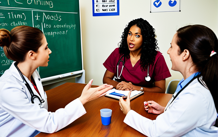 **
A diverse team of nurses engaged in a lively discussion during a weekly "five-minute" meeting. The atmosphere is open and collaborative. Some nurses are gesturing while others listen attentively. A whiteboard in the background displays notes and ideas. The overall tone is positive and productive. This image should capture the essence of open communication and shared experience in a medical setting.
**