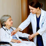 A compassionate female doctor in a modest professional uniform gently holds the hand of an elderly female patient, who is sitting comfortably in an armchair in a warm, well-lit living room of a modern Russian home. A kind female nurse in professional attire is explaining something to a family member in the background. The room is decorated with subtle, homely touches, emphasizing comfort, dignity, and support. The scene reflects professional palliative care. fully clothed, appropriate attire, safe for work, perfect anatomy, natural pose, professional, high quality, correct proportions, well-formed hands, proper finger count, natural body proportions, family-friendly, appropriate content.