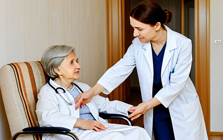 A compassionate female doctor in a modest professional uniform gently holds the hand of an elderly female patient, who is sitting comfortably in an armchair in a warm, well-lit living room of a modern Russian home. A kind female nurse in professional attire is explaining something to a family member in the background. The room is decorated with subtle, homely touches, emphasizing comfort, dignity, and support. The scene reflects professional palliative care. fully clothed, appropriate attire, safe for work, perfect anatomy, natural pose, professional, high quality, correct proportions, well-formed hands, proper finger count, natural body proportions, family-friendly, appropriate content.