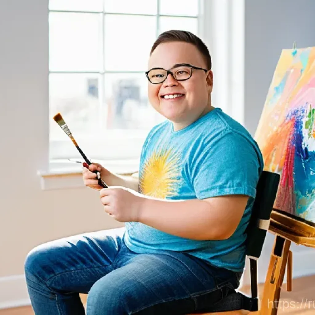 발달 장애 간호 - **Prompt:** "A vibrant, uplifting image of a young adult with Down syndrome, mid-20s, full of joy an...