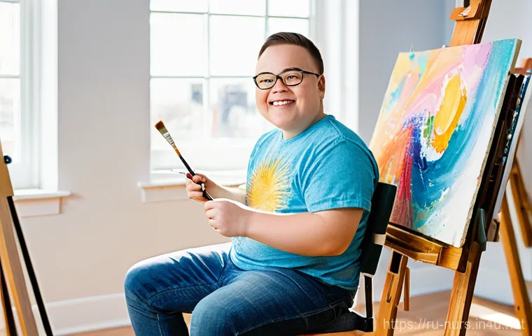 발달 장애 간호 - **Prompt:** "A vibrant, uplifting image of a young adult with Down syndrome, mid-20s, full of joy an...