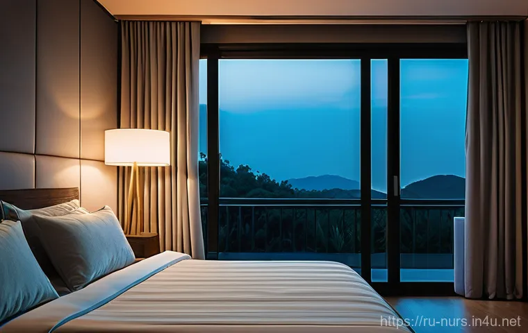 야간 근무와 교대 근무 관리 - A serene and completely darkened bedroom during daylight hours. Thick blackout curtains block all su...