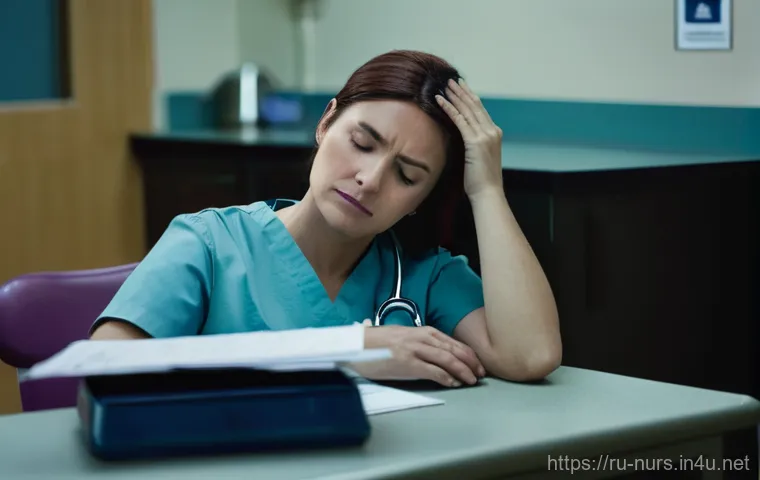 간호사 이직률 및 직장 선택 기준 - **Prompt: The Weight of Exhaustion**
A highly detailed photograph depicting a female nurse, aged...