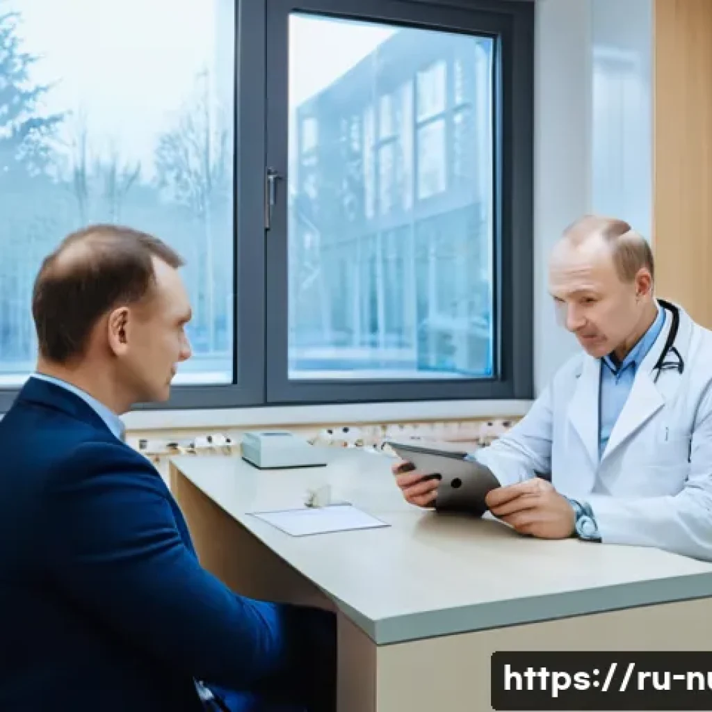 환자 중심 간호 - A warm and inviting medical consultation room in a modern Russian clinic, featuring a compassionate ...