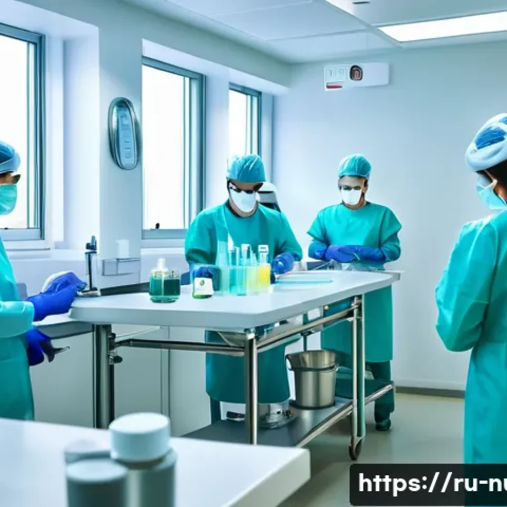 병원 감염 관리 - A modern hospital infection control scene showing medical staff in full personal protective equipmen...