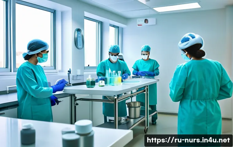 병원 감염 관리 - A modern hospital infection control scene showing medical staff in full personal protective equipmen...