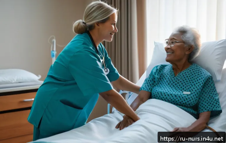 근골격계 간호 - A compassionate nurse gently assisting an elderly patient with limited mobility in a bright, clean h...