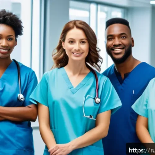 병동 간호사 vs 외래 간호사 - A busy hospital inpatient ward scene showing a diverse group of nurses in modern medical scrubs, act...