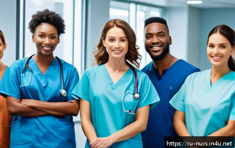 병동 간호사 vs 외래 간호사 - A busy hospital inpatient ward scene showing a diverse group of nurses in modern medical scrubs, act...