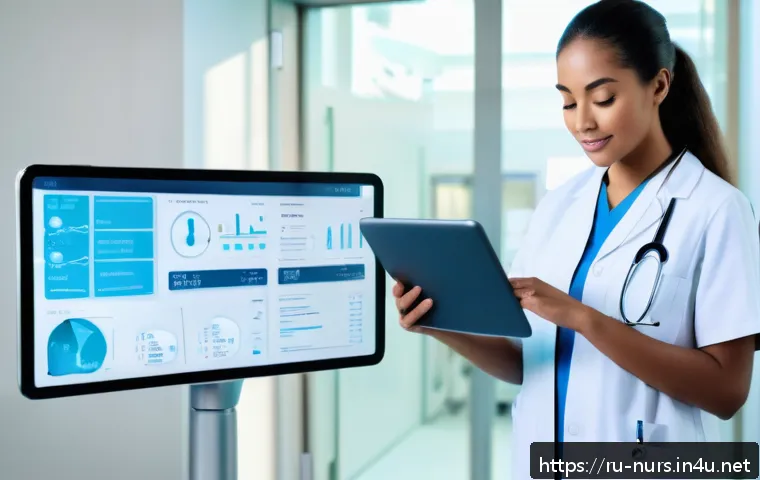 간호사 자기 계발 및 커리어 관리 - A professional female nurse in modern medical scrubs and comfortable shoes, working attentively on a...