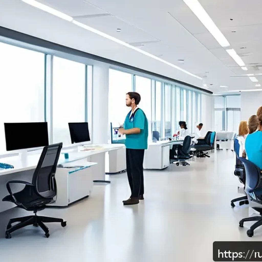 산업 간호사 및 직업 간호사 역할 - A modern corporate healthcare setting showing a diverse group of professional medical staff includin...