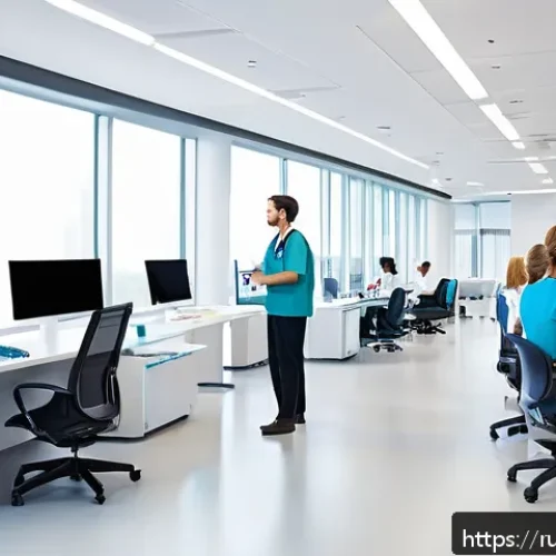 산업 간호사 및 직업 간호사 역할 - A modern corporate healthcare setting showing a diverse group of professional medical staff includin...