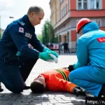 응급 처치 및 심폐소생술 - A detailed scene showing a first aid responder in a busy Russian urban environment, wearing a medica...