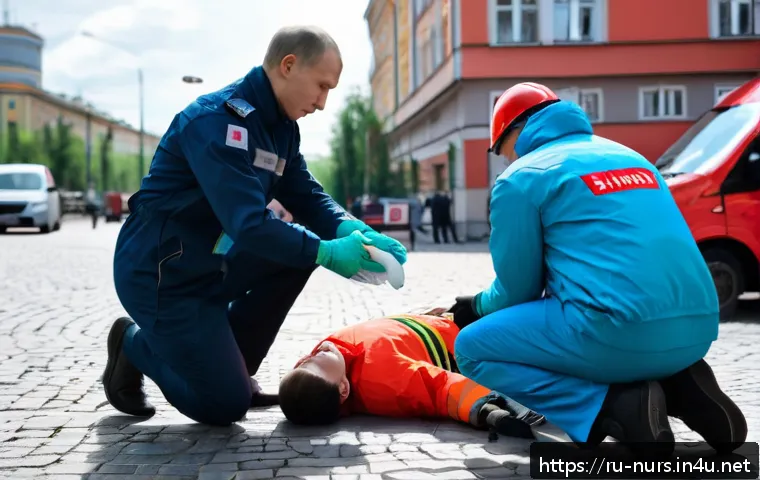 응급 처치 및 심폐소생술 - A detailed scene showing a first aid responder in a busy Russian urban environment, wearing a medica...