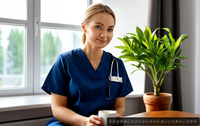 간호사의 정신 건강 관리 - Photorealistic Russian hospital nurse in neat navy scrubs sitting quietly in a sunlit staff wellness...
