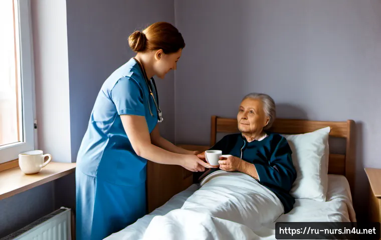완화 간호 및 호스피스 - Photorealistic palliative care scene in a quiet Russian apartment, compassionate middle-aged hospice...